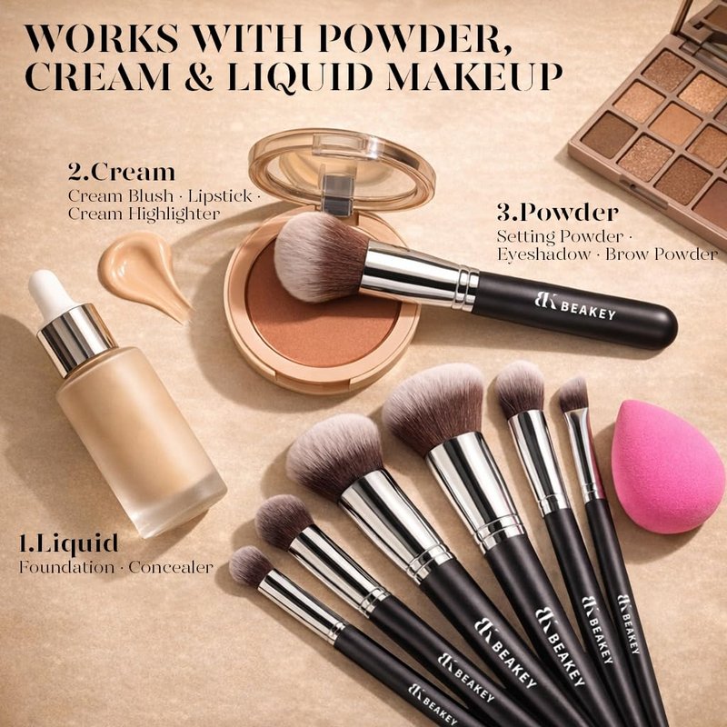 BEAKEY 13PCS Makeup Brush Set - Soft Synthetic Bristles for Smooth Application | Travel Kit with Case & Sponges