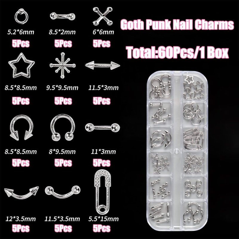 Skiennix 3D Punk Nail Art Charms - 12 Grids of Silver Alloy Rivets & Rhinestones for DIY Acrylic Nails