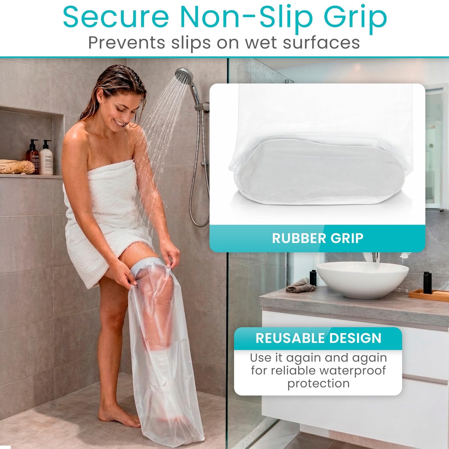 Vive Cast Cover for Shower Leg - Waterproof, Patented Seal - Adult Cover Bag for Showering After Surgery - Also for Broken Foot, Ankle, Knee, Toe, Bandages, Wounds, Baths - Watertight & Submersible