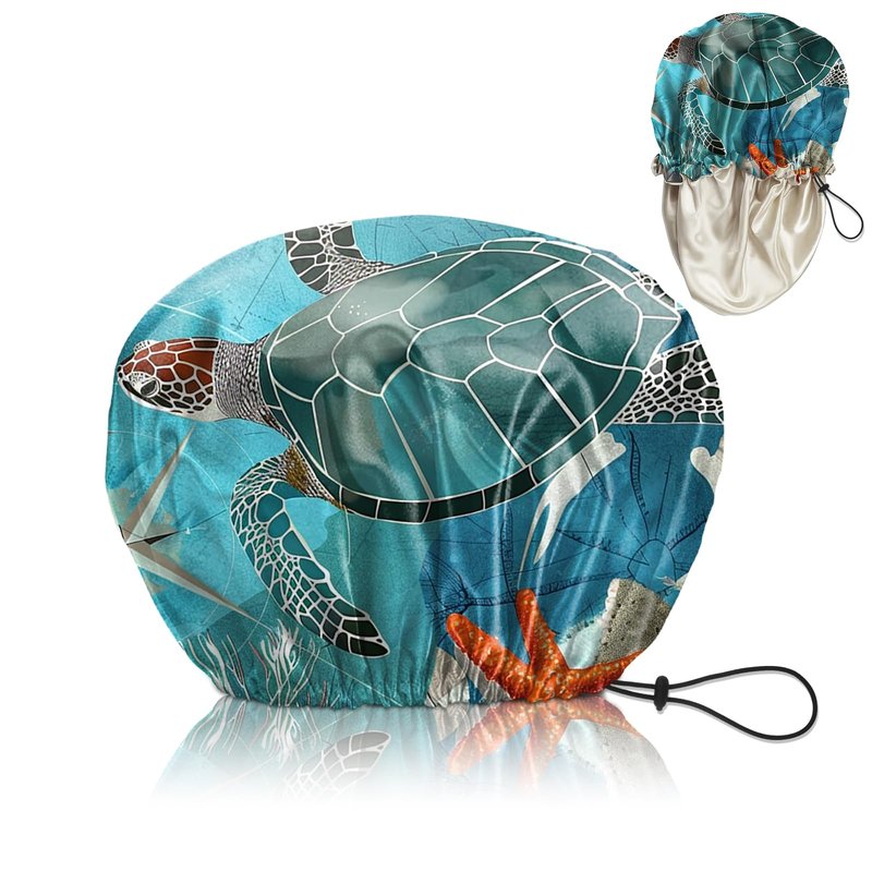 Cabreche Luxury Shower Cap Satin Silk Lined Adjustable Elastic Reusable Waterproof Shower Bath Cap Cute for Women Girls-Sea Turtle