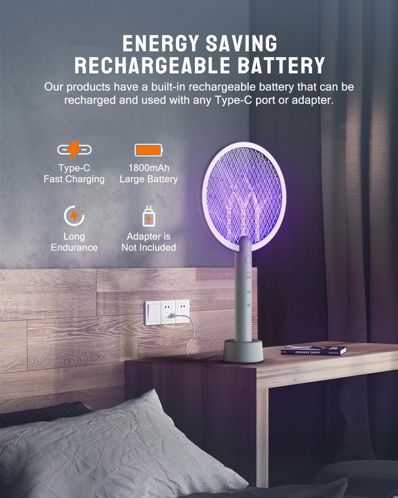 Mosiller Electric Fly Swatter Racket, 4000V Bug Zapper with 1800mah Rechargeable Battery & Dual Modes, 2 in 1 Purple Mosquito Light Killer with 3-Layer Safety Mesh for Indoor Home Patio Camp(1 Pack)