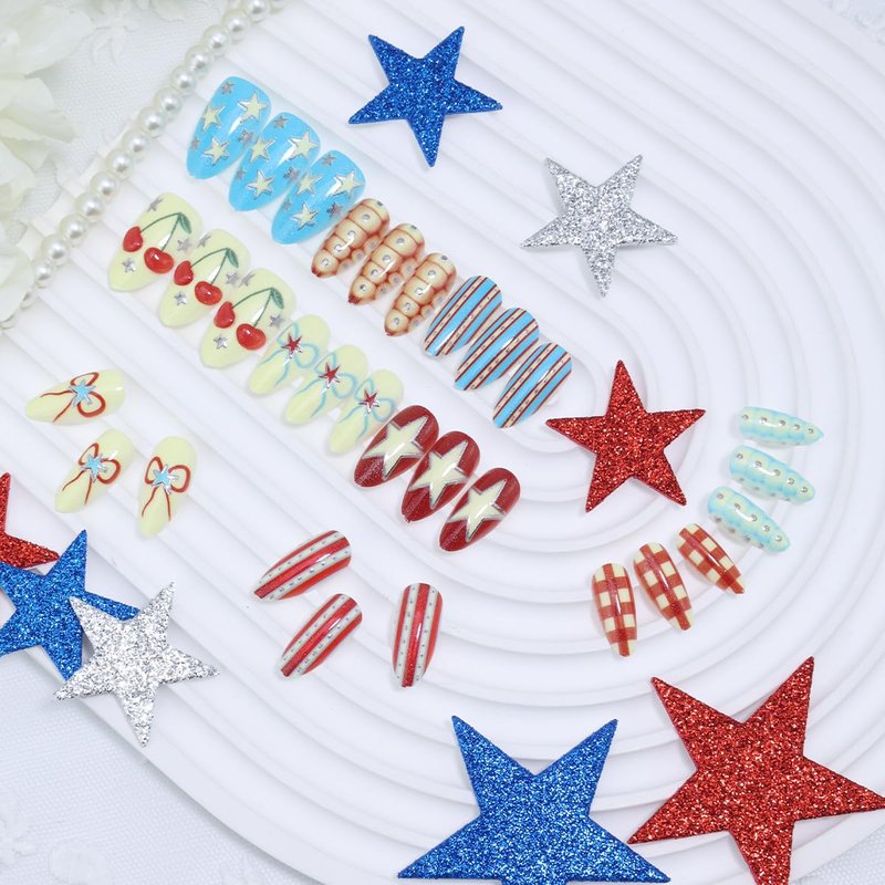 30Pcs 4th of July Press on Nails Almond Shape Patriotic Fake Nails Reusable Acrylic False Nails with Adhesive Tabs Red White Blue Star Cherry Design Independence Day Press on Nails for Women DIY
