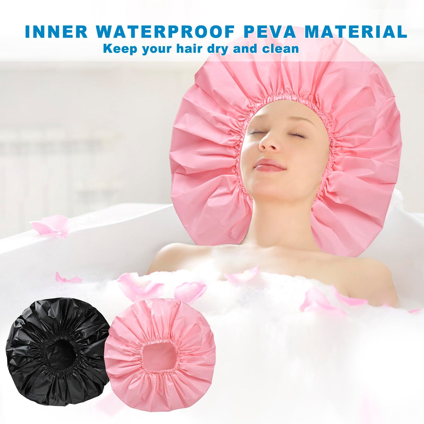 Extra Large Shower Cap 2 PCS Waterproof Shower Caps for Women, Super Jumbo Shower Cap, Reusable Super Large Bath Caps Hair Cap for Long Thick Curly Hair, Locs, Twist Braids - Black + Pink