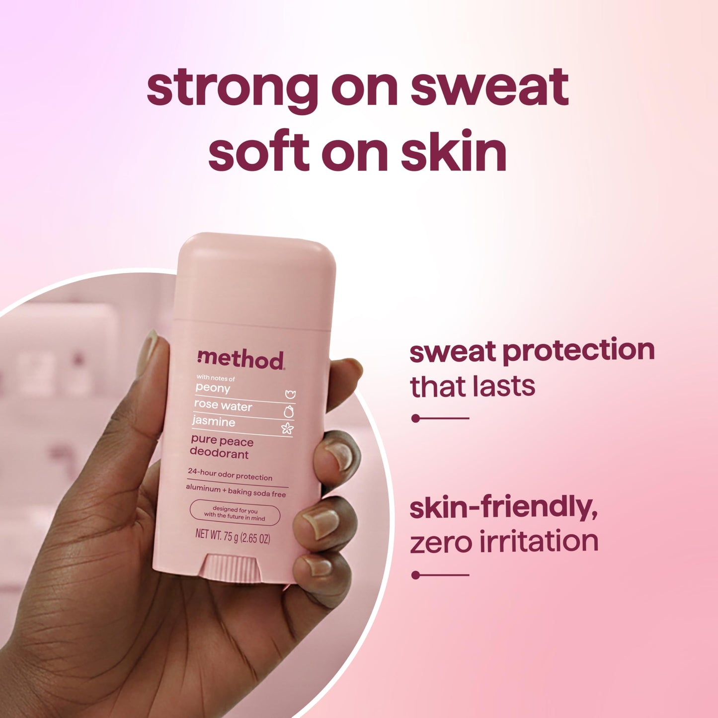 method Deodorant Stick, Pure Peace - 24-Hour Odor Protection, Aluminum & Baking Soda Free, Notes of Peonies, Rose Water & Jasmine, 2.65 oz