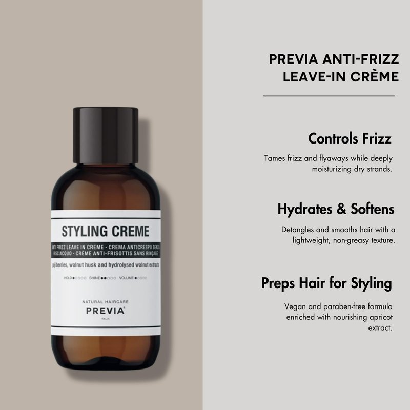 PREVIA Anti Frizz Leave-In Creme - Hydrating Styling Cream for Frizzy Hair with Apricot Extract - Detangles & Preps Hair for All Hair Types - Vegan Paraben Free Moisturizing Frizz Control 3.38 oz