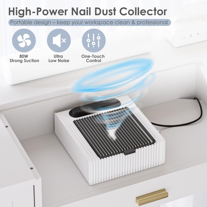 HolaiNail Manicure Table with Removable Panel, Nail Tech Desk with Dust Collector, Drawers & Storage, Nail Station for Salon or Home Studio (White)