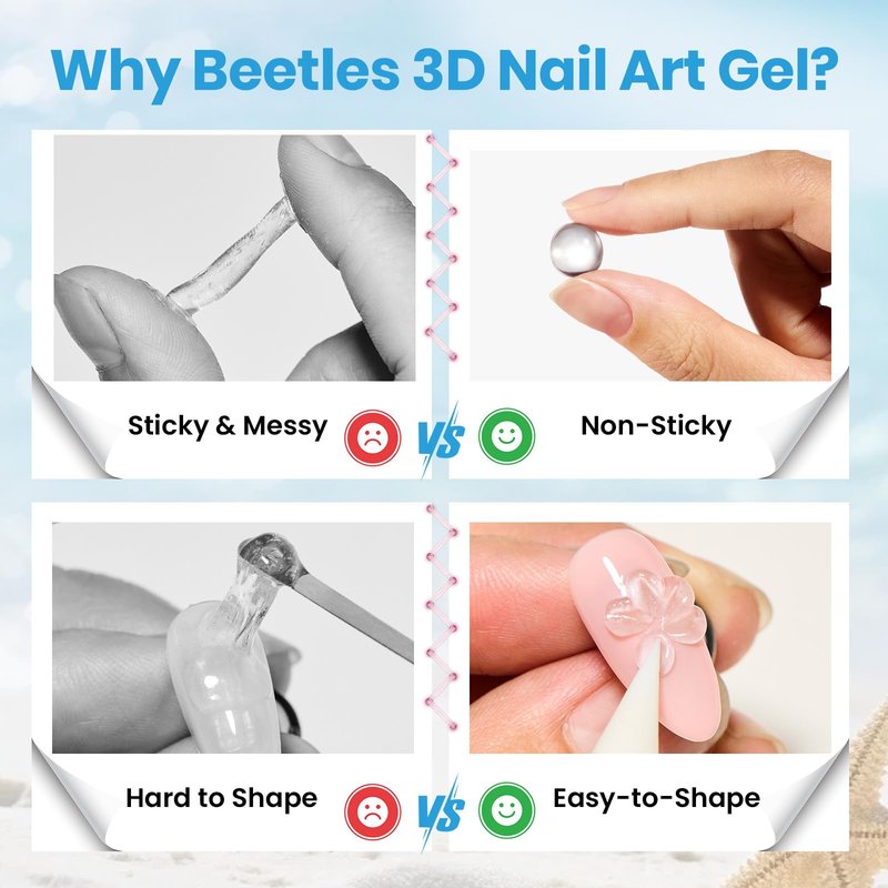 Beetles 3D Gel Nail Art with 3D Mold-Pearl White Solid Builder Nail Gel,5 in 1 Non-Sticky Sculpting with Dual-Ended Sculpture Pen, Beginner Friendly DIY at Home,UV LED Lamp Needed,Pearl Drift