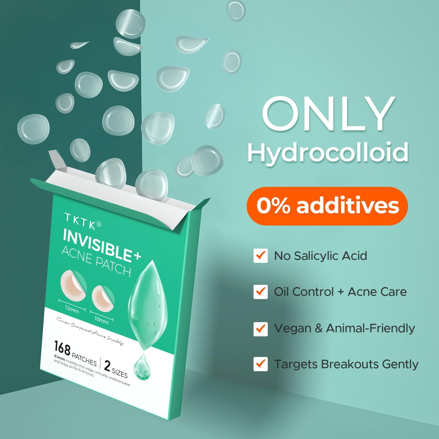 TKTK Pimple Patches for Face, 0.01cm Ultra-Thin Invisible Acne Patches, Hydrocolloid Patches for Breakouts, Absorbs Zits & Blemish, Suitable Under Makeup, 2 Sizes(10mm/12mm) 168 count
