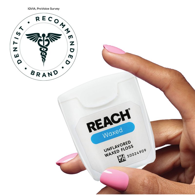 REACH Waxed Dental Floss, 2X More Value, Plaque Remover for Teeth, Shred Resistant, Floss Slides Smoothly, Easy to Use, Waxed, for Adults & Kids, Oral Care, PFAS Free, 3 Pack, 115 yd, Unflavored