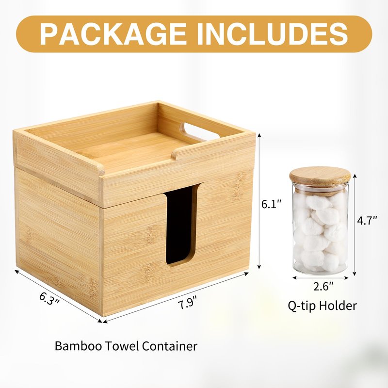 InnJoey Bamboo Disposable Face Towel Holder with 2 Glass Jars - Open-Top Skincare Organizer for Facial Cleansing Wipes & Beauty Essentials - Bathroom Countertop Vanity Organizer