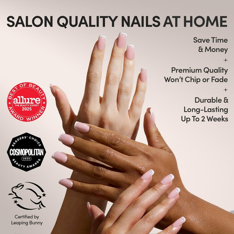 Glamnetic Press On Nails - Classy French | Medium Square Fake Nails with Trendy Micro French Tip, Salon Quality | 15 Sizes - 30 Nail Kit