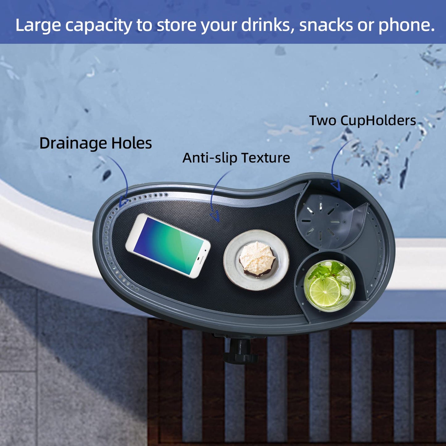 Treerit Adjustable Hot Tub Tray with 2 Cup Holders, Stable, Heavy-Duty, Nonslip Drink Holder for Aboveground Bathtub, Spa with Wall Thickness Of 2'' to 7.5''