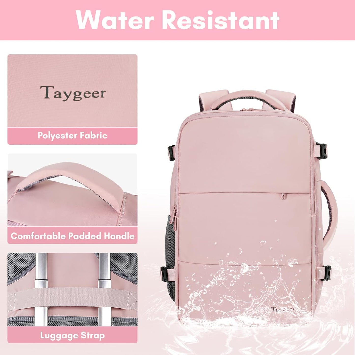 Taygeer Travel Backpack for Women - TSA-Approved 15.6" Laptop Bag with Water Bottle Pocket & Shoe Pouch | Pink Casual Daypack for Business & Hiking