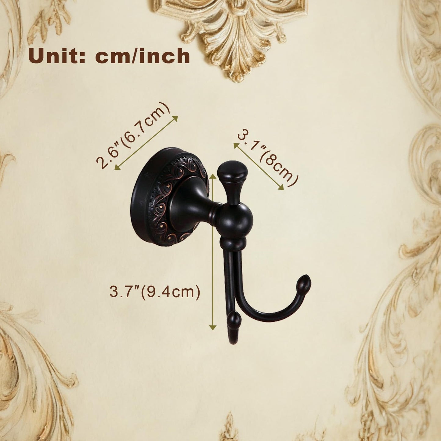 Kelelife Antique Brass Towel Hook, Screw-Mounted Shower Wall Hook, Wall-Mounted Bathroom Hook for Hanging Clothes & Robes, Vintage Oil Rubbed Copper Brass Carving Series Long-Handle Double Hook