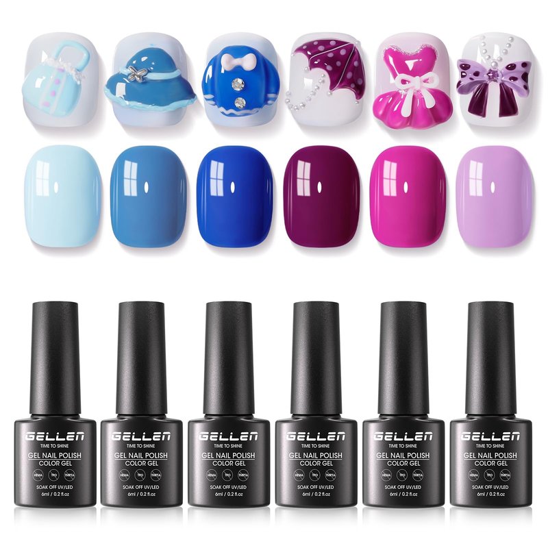 GELLEN Gel Polish Set, 6 Colors Purple Blue Gel Nail Polish Set, Lavender DarkBlue Periwinkle Nail Gel Colors Soak Off UV LED Lamp Cured for Nail Art Manicure DIY at Home, Violet to Blue