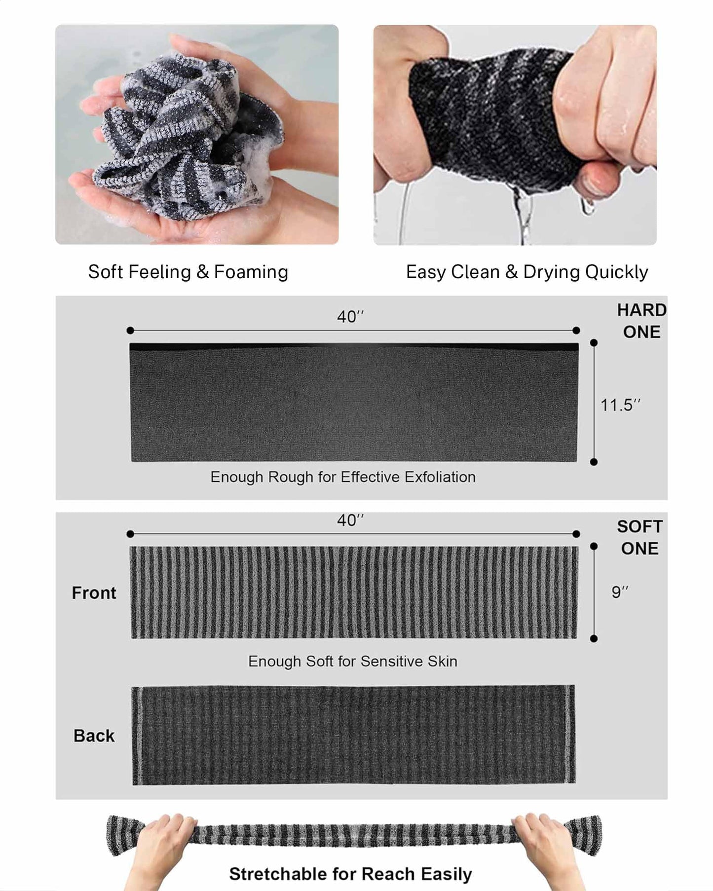 Yiclick Exfoliating Washcloth Towel, Back Scrubber for Shower for Women, Exfoliating Body Scrubber, Loofah Sponge Wash Cloth, Korean Japanese Exfoliating Shower Towel, Exfoliator Washer for Bath
