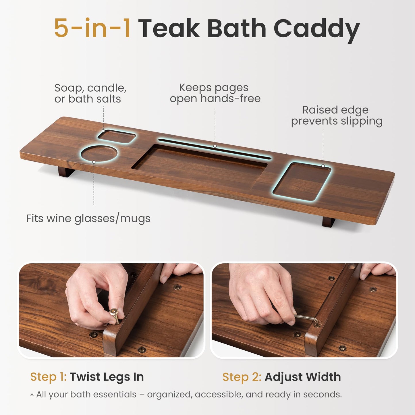 Realgulf Teak Bathtub Tray for Freestanding Tubs - 35" Heavy-Duty Luxury Bath Caddy, Non-Slip Zero-Wobble Design, Water-Resistant Spa Organizer with Wine Glass & Phone Holder
