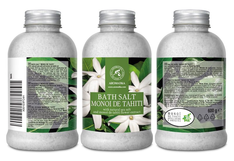 AROMATIKA Bath Salt Monoi de Tahiti 21.16 Oz (600g) - Coconut and Gardenia Flowers Scent - Relaxing Bath - Good Sleep - Aromatherapy - Sea Salt Bath