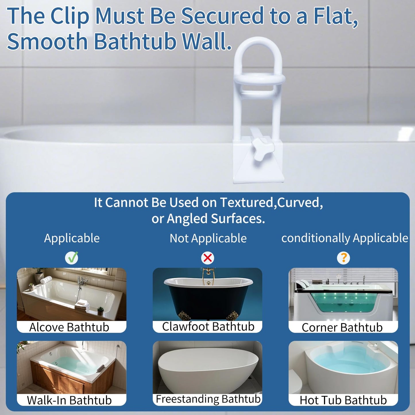 Triple Grip Adjustable Bathtub Handles for Seniors, Fits 3-Inch+ Thick Walls. Please Measure Before Purchasing Tub Grab Bars for Side of Tub, Handicap Grab Bars, Tub Handles for Elderly Balance