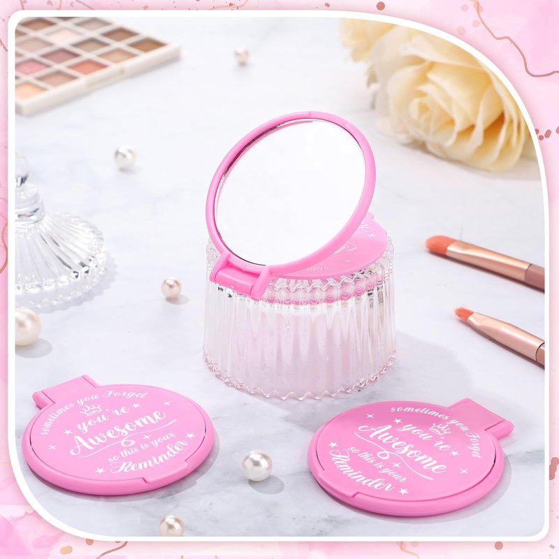Gulfmew 36 Pcs 2.76 Inch Inspirational Compact Mirror Bulk Women Small Gifts Graduation Mothers Day Party Favors Purse Mirror Pocket Mini Items for Adult Coworker Cheerleader Swag Bag (Pink)