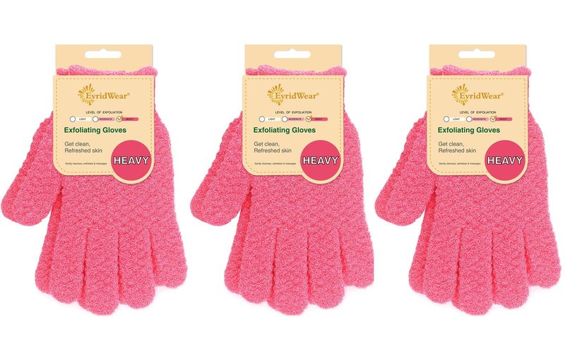 Evridwear Exfoliating Gloves for Shower, 100% Nylon Thick Soft Medium Heavy Bathing Gloves Dead Skin Remover Body Scrubber Smooth Skin with Hang Loop (Hot Pink Deep Exfoliation- 3 Pairs)