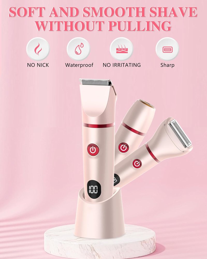 Bikini Trimmer for Women - 3-in-1 Electric Razor for Pubic & Body Hair | IPX6 Waterproof, Pink