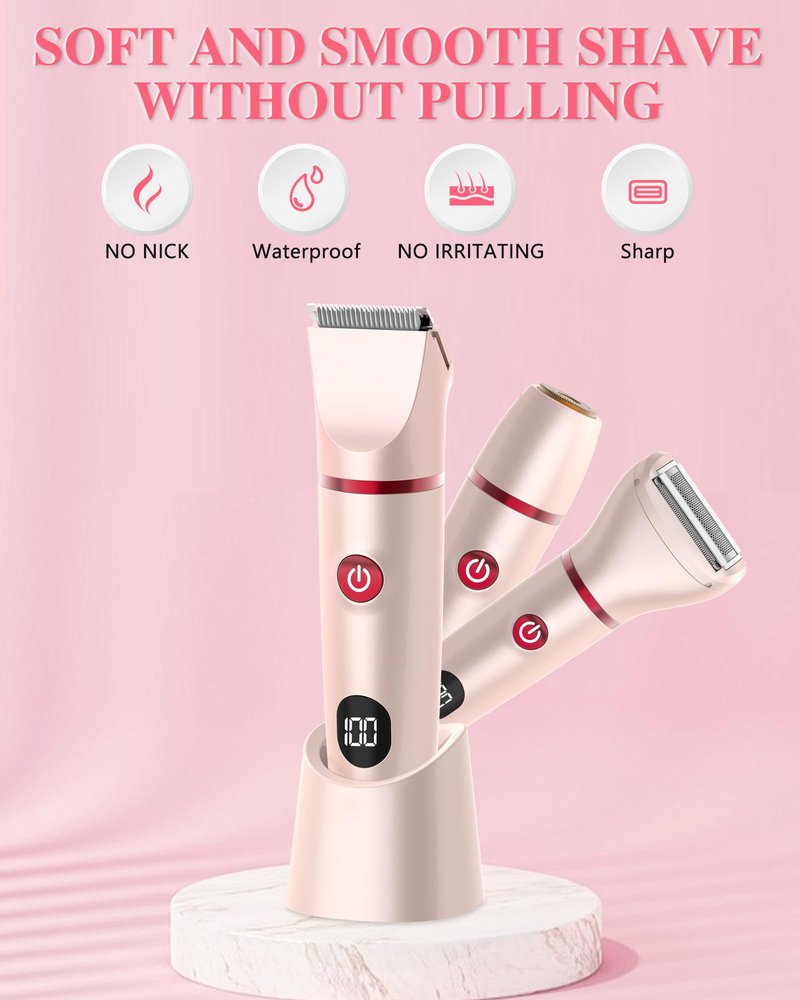Bikini Trimmer for Women, Electric Razor for Pubic Hair 3-in-1, Bikini Shaver for Legs Body Hair, Womens Electric Razor IPX6 Waterproof, Gifts for Women,Pink