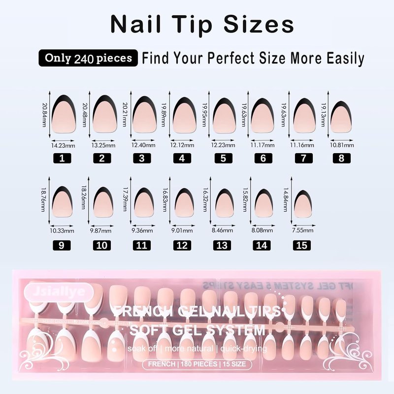 Jsiallye French Tip Press-On Nails - 240 Pcs Milky White Short Almond Gel Tips | Pre-Applied Primer & Top Coat