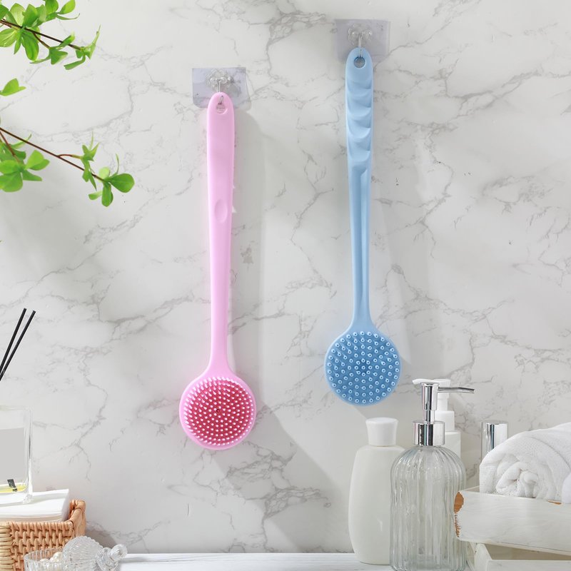 Sunnyray 2 Pack Silicone Back Scrubber for Shower with 15" Long Handle Double-Sided Bath Body Brush for Exfoliating Easy to Clean Quick Dry Deep Cleaning Lathers Well(Pink,Nordic Blue)