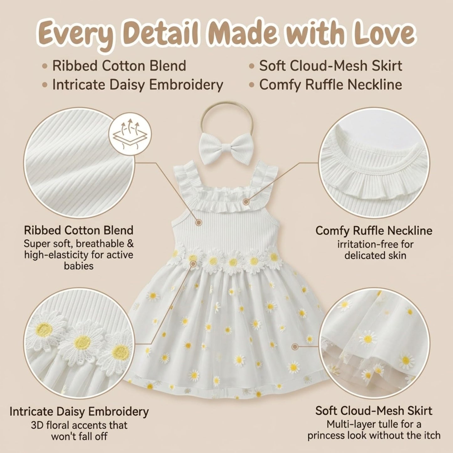 Toddler Girl Daisy Dress Set 3Pcs Ribbed Knit Tulle Sundress with Bag & Headband Cute Summer Floral Outfit for First Birthday Party White 6-9Months