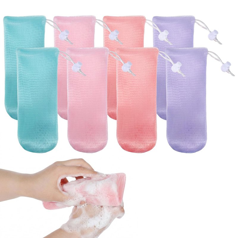 8 PCS Bar Soap Pouch for Washing Body, Soap Saver Bag for Bar Soaps, Reusable Mesh Soaps Bag with Drawstring, Bubble Foaming Net for Facial and Body Cleaning (4 Colors)