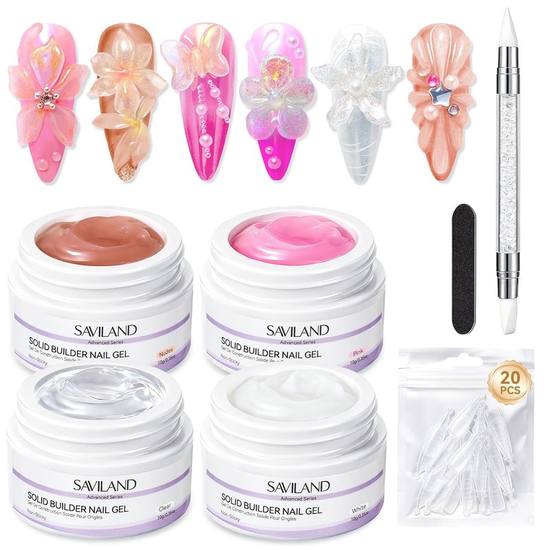 SAVILAND Solid Builder Nail Gel Set - Non-Sticky 4 Color Gel for Nail Extensions | Clear, Nude, White, Pink