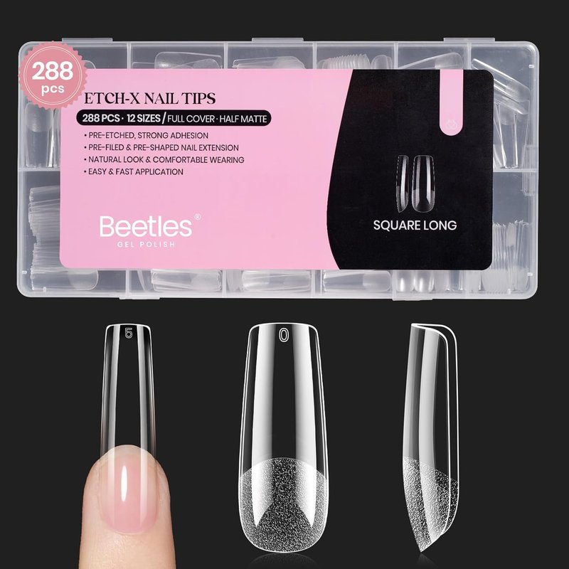 Beetles Gel Nail Tips - Long Square 288 Pcs Half Matte Press-On Nails | 12 Sizes for DIY Nail Art