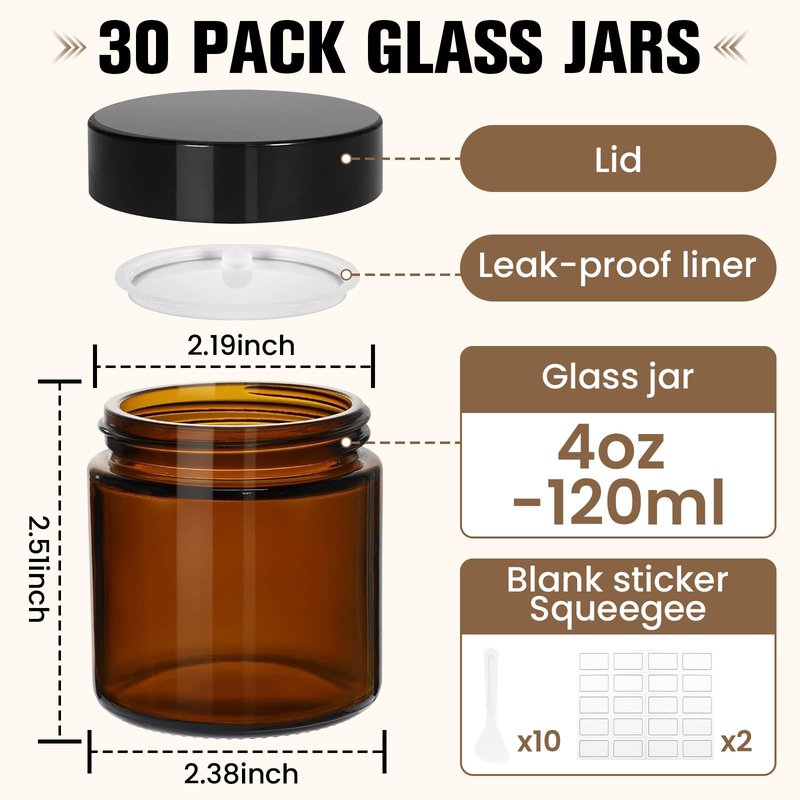 30 Pcs 4 oz Glass Jars with Lids, Amber Glass Jars with 40 Labels & 10 Spatulas, Inner Liners, LeakProof, UV-Protective,Round Glass Containers for Essential Oils, Spices, Candle Making,DIY