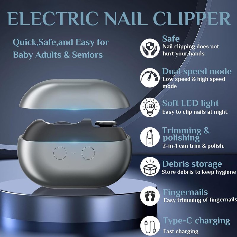 Electric Nail Clippers for Seniors, 2026 3 in 1 Easy Clip Electric Nail Clipper Multifunctional Electric Easy Clip Nail Clippers for Adults，Kids with Polishing and 2 Speeds (Grey)