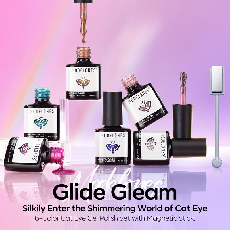 Modelones Cat Eye Gel Nail Polish Set, 6 Colors Coloful Neon Galaxy Champagne Lake Blue Grape Purple Gold Brown Hot Pink 9D Glassy Cat Eye Glitter Gel Polish with Magnet LED Soak Off Manicure Gift