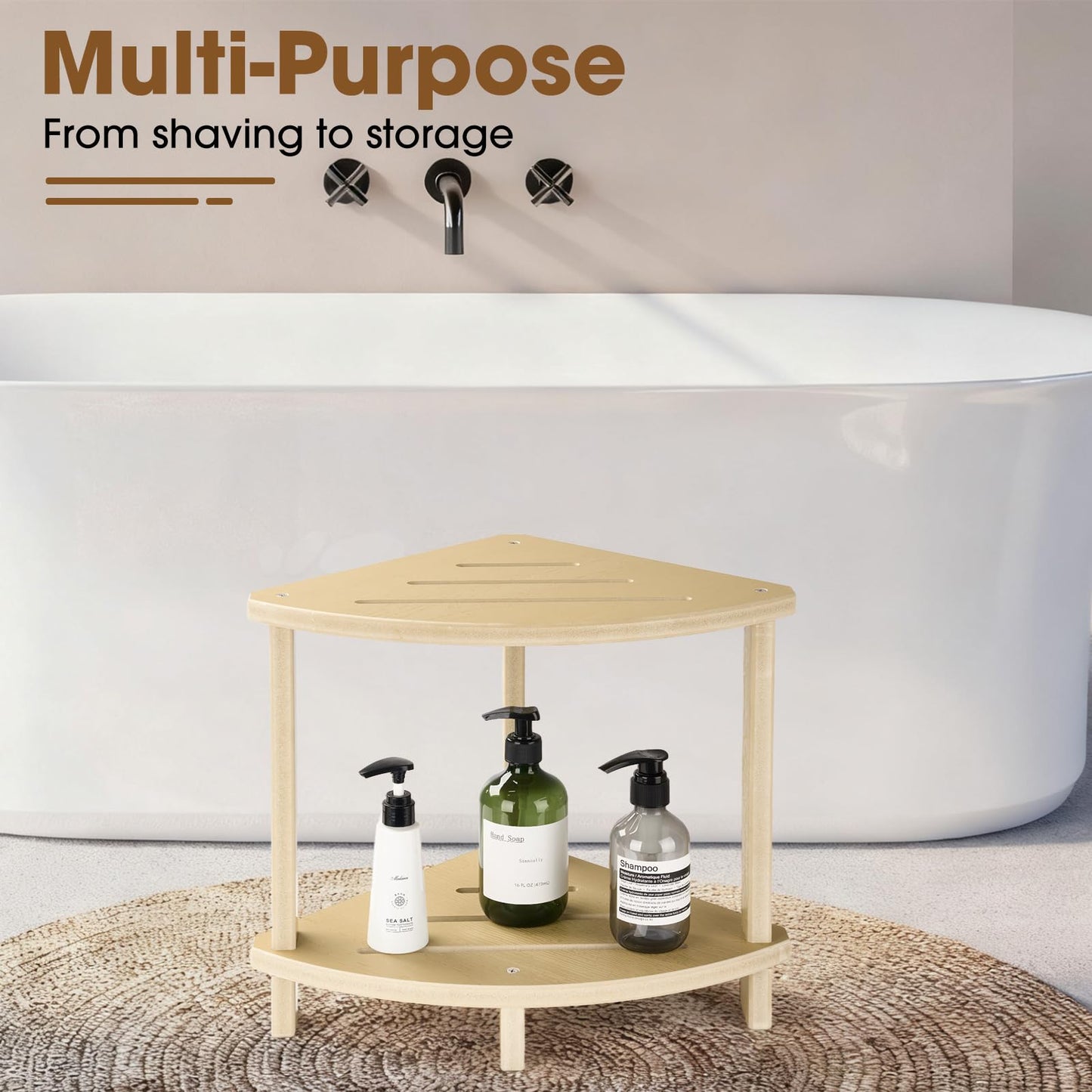 SweetBin Corner Shower Stool for Inside Shower, 17in Shower Foot Rest for Shaving Legs with Storage Shelf 2-Tier, Waterproof Bath Stool Bench for Small Spaces Bathroom Seat
