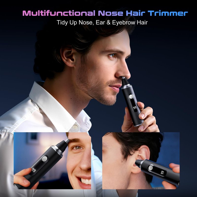 Savilab Nose Hair Trimmer for Men and Women, USB Rechargeable Electric Facial and Ear Hair Remover with LED Display, Dual-Edge Blades for Smooth, Painless Eyebrow Grooming (Black)