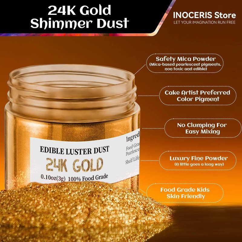 INOCERIS 24K Gold Luster Dust - Food Grade Metallic Shimmer Powder for Baking & Decorating