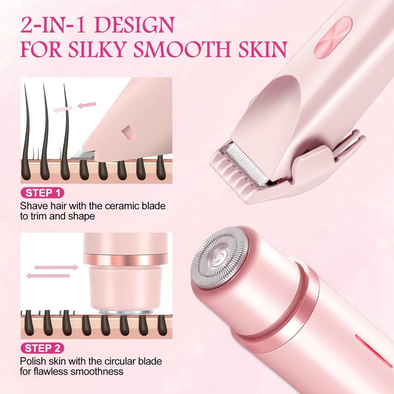 Bikini Trimmer for Women, 2 in 1 Electric Razors for Women, Rechargeable Cordless & Painless Hair Removal, Ultra Low Silent, Easy Cleaning, IPX7 Waterproof Bikini Shaver for Sensitive Skin (Pink)