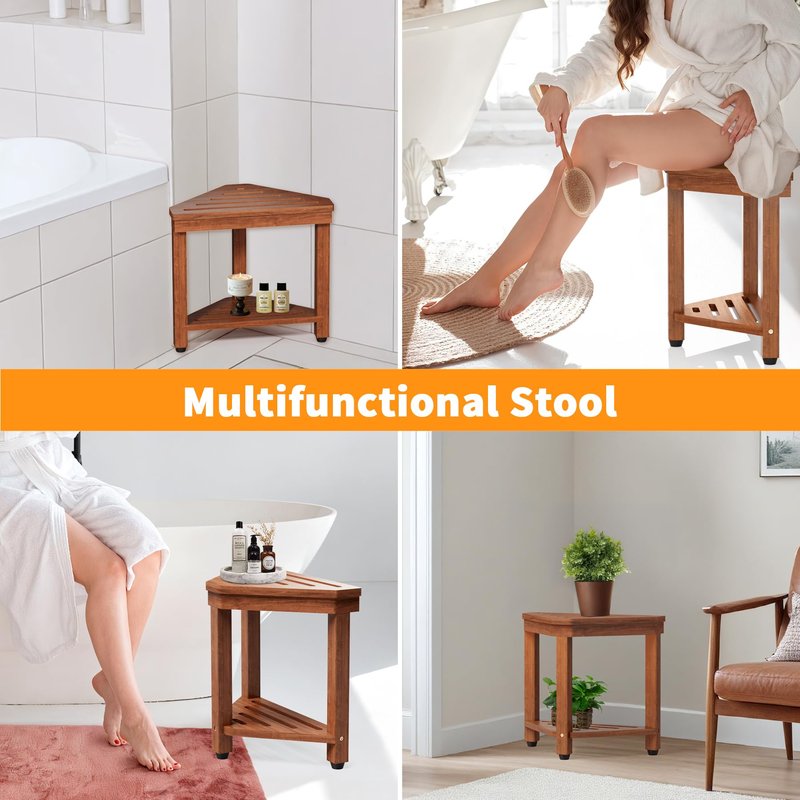 Shower Foot Rest 15 in, Acacia Shower Stool for Shaving Legs,Corner Bath Shower Bench with Starage Shelf for Inside Small Shower Spaces