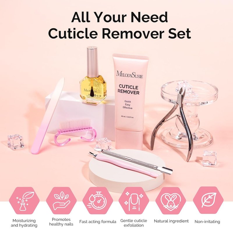 MelodySusie Cuticle Remover Kit - 60g Cream, 15ml Oil, Trimmer & Nail File for Perfect Manicure