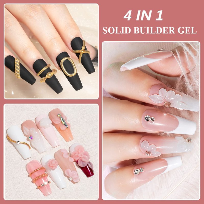 MIZHSE 3D Nail Gel Nail Art Sculpture, Non-Sticky 4 Colors Solid Builder Gel Nude Clear White Pink Hard Builder Nails UV LED Molding Gels Nail Extension for Salon Manicure Home DIY