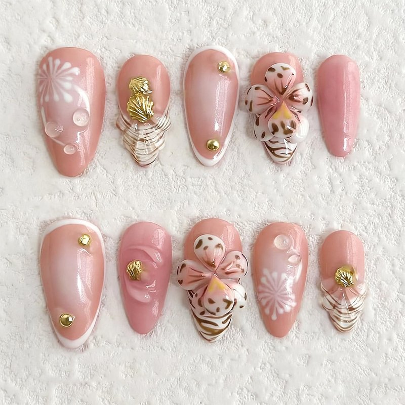 Skiennix Handmade Press-On Nails - Medium Almond 3D Leopard Print French Tip | 30PCS Nude Pink Set