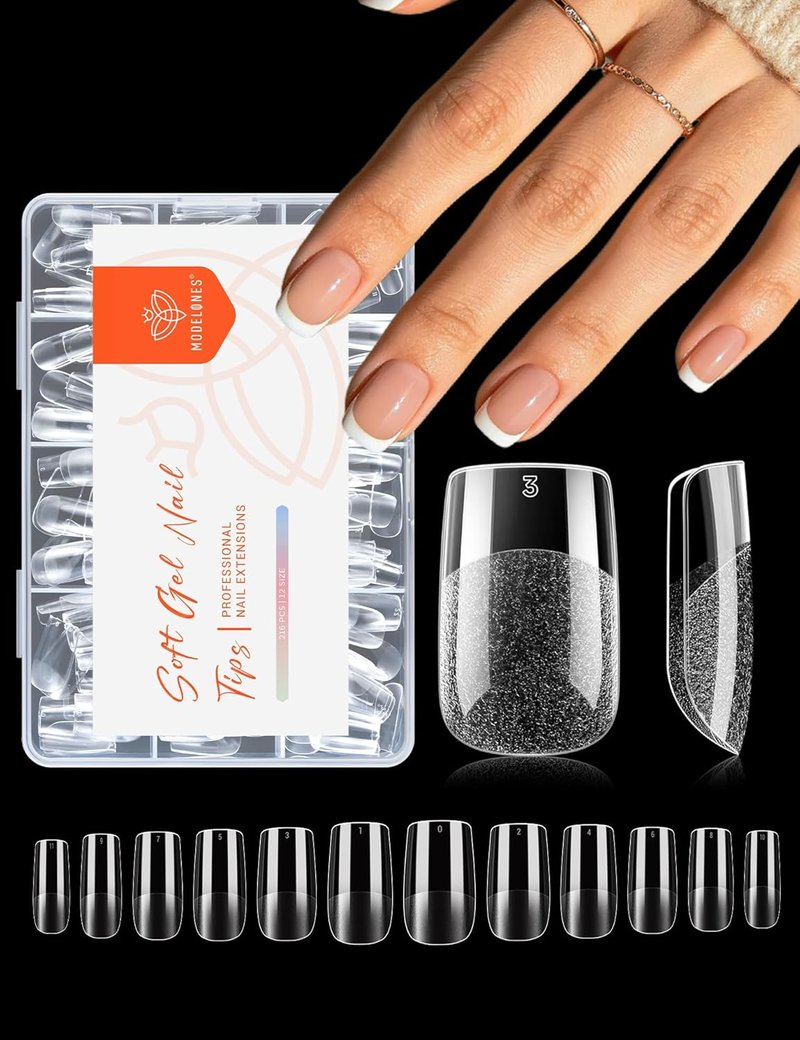 modelones Short Square Nail Tips, Pre-shaped Soft Gel Tips Fake Nails False Acrylic Clear Full Cover Press on Extension Gel Kit Manicure DIY at Home 216PCS 12Sizes