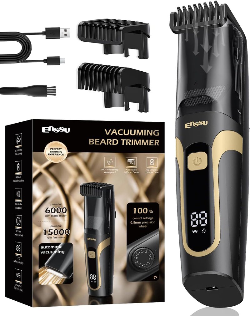 ENSSU Beard Trimmer for Men - Rechargeable Electric Vacuum Trimmer with Adjustable Length Dial & 2 Combs
