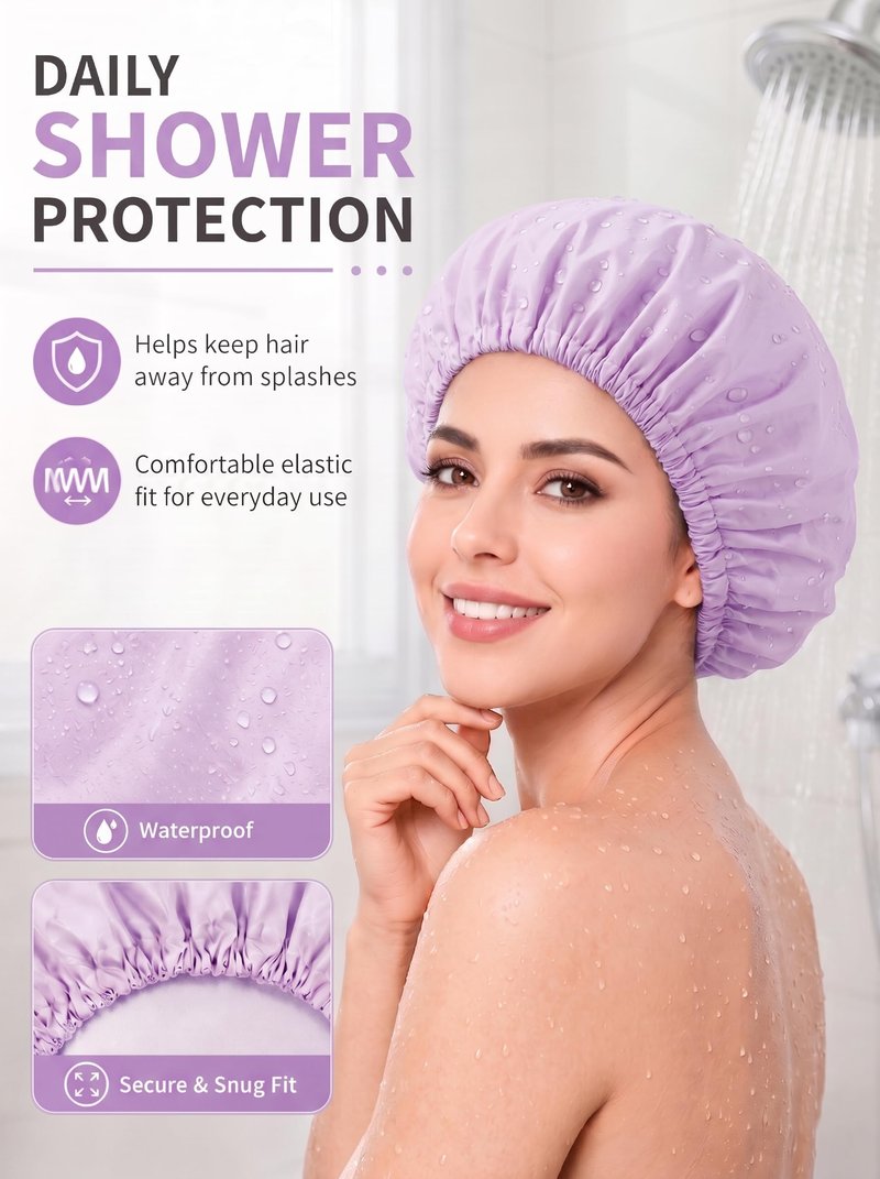 Aquior Shower Caps, Reusable Shower Cap for Women, Waterproof Layer Hair Cap, Large Size for All Hair Lengths,for Girls Spa Home Salon Use (Purple)