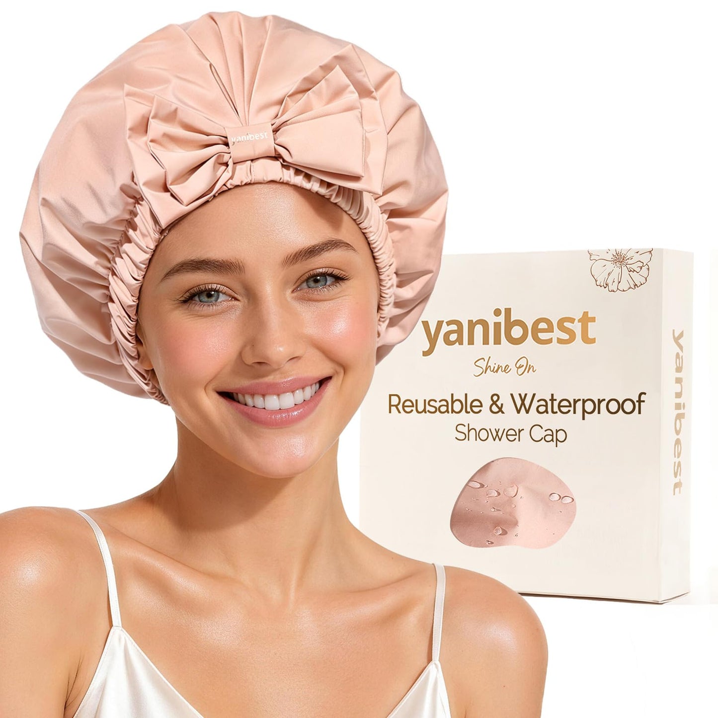Yanibest Shower Cap Reusable Waterproof, Wide Elastic Band Bath Cap - Comfortable & Durable Bath Hair Hat for Women