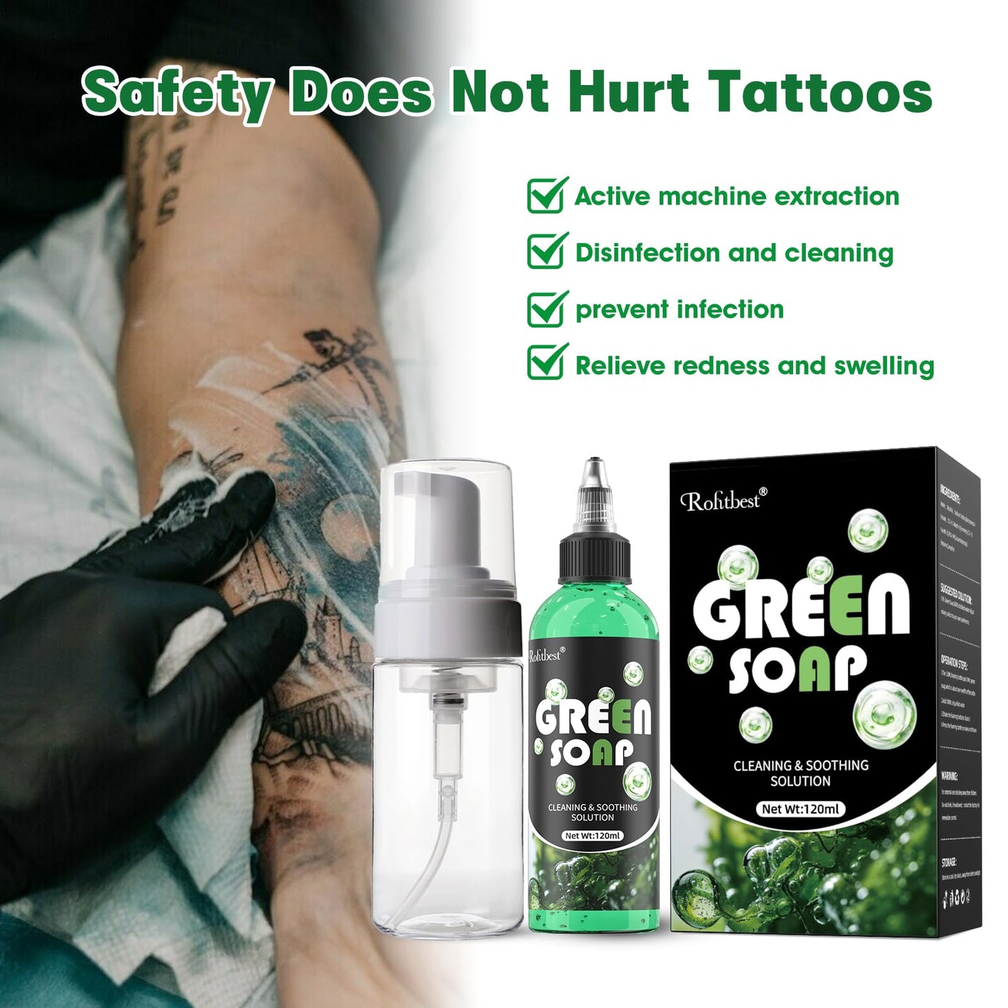 Rofitbest Green Tattoo Soap 4OZ with Foaming Bottle 120ml, Tattoo Supplies for Tattoos Piercings