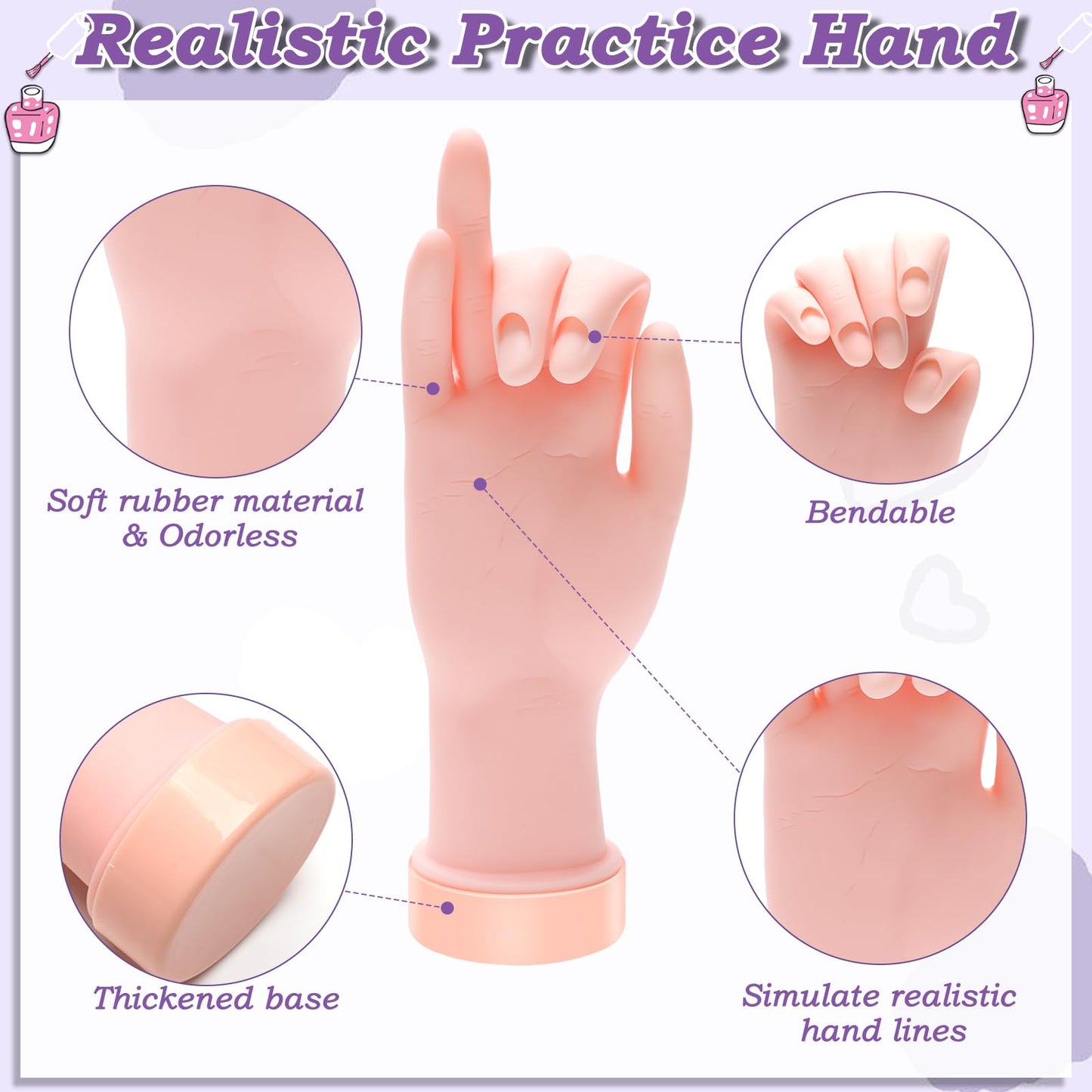 Zhaoyao Practice Hand for Acrylic Nails, Nail Practice Hand with 100 Pcs Nail Tips 120 Pcs Double-side Jelly Glue Stickers Bendable Fake Hand Mannequin Hand for Nail Practice Manicure Beginners